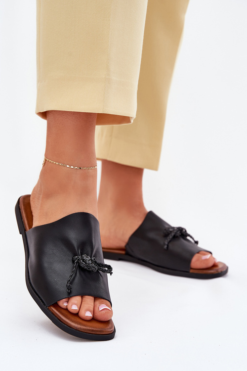 Damskie Klapki Eko Skórzane Płaskie Ozdobne Wiązanie Czarne Norela