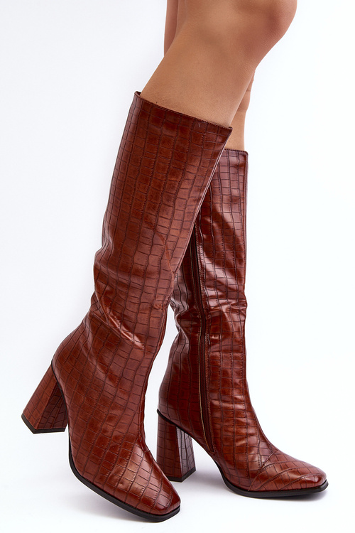 Women's Boots with Stiletto Heel and Decorative Embossing Brown Vabaria