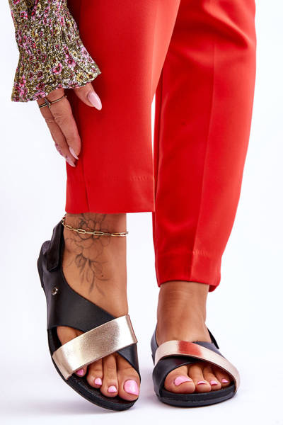 Sandały Skóra Na Rzep Czarno-Złote Zazoo 40141