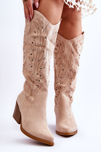 Openwork Suede Slip-On Boots Beige Elavi