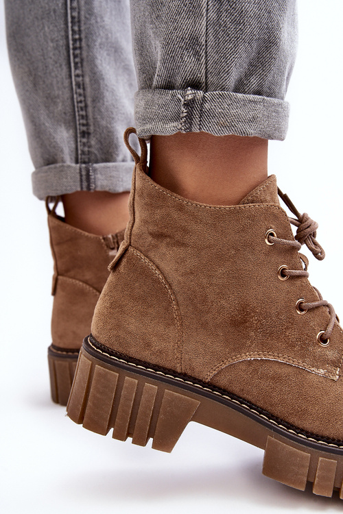 Botki Zamsz Ocieplane Sznurowane Ciemnobeżowe Bjorg