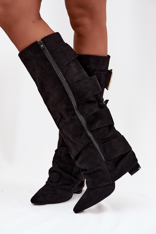 Women's heeled boots with turned-up shaft and gold buckles eco suede black Isavelle