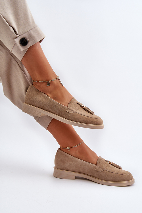 Mokasyny Zamszowe Damskie Płaski Obcas Zazoo 3420 Beżowe