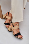 Block Heel Sandals Black-Beige Afleeria