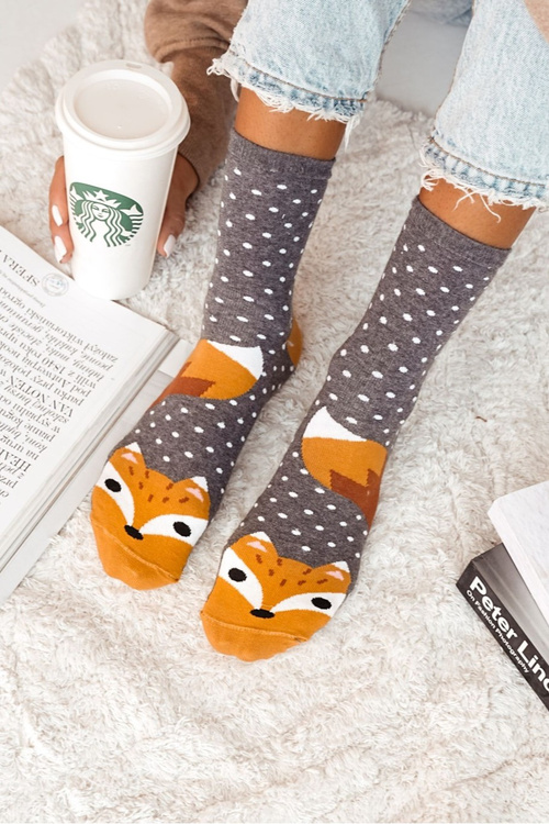Ladies Socks Fox And Dots Dark Grey