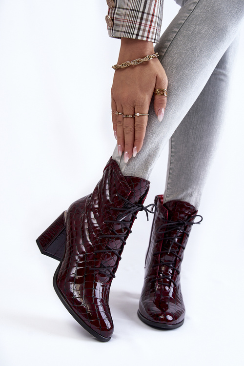 Women's Laquered Ankle Boots Crocodile Pattern Burgundy Alva
