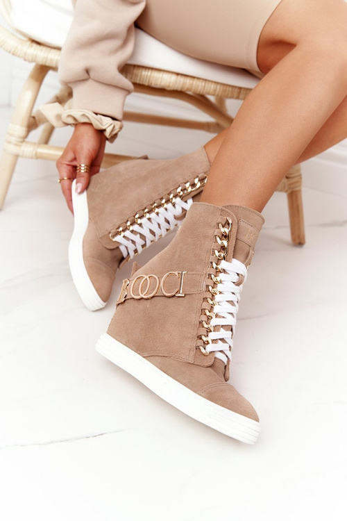 Women’s Suede Wedge Sneakers BOOCI Golden Letters Light Camel