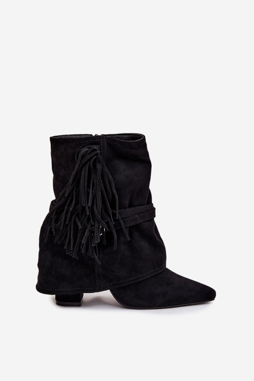 Damskie Botki Obcas Słupek Frędzle Złote Klamry Czarne Evelisse