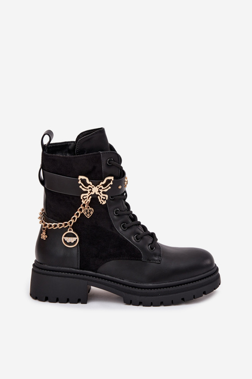 Women's Work Boots Insulated With Gold Chain And Charms Black Vessara