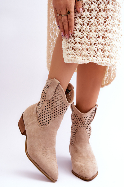 Botki Kowbojki Damskie Ażur Beżowe Reeds