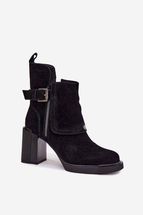 Ankle boots made of genuine suede on a heel with a buckle Vinceza 91152 Black