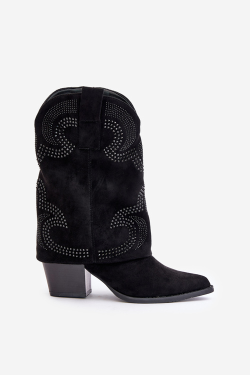 Embellished ankle boots cowboy style mid-calf on heel black HY42-153