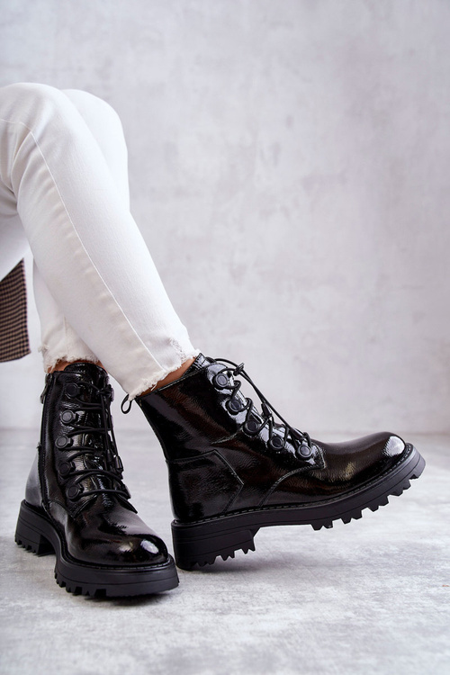Women's Laquered Warm Boots With Ribbed Black Helia