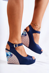 Damskie Granatowe Sandały Na Koturnie Nemesis
