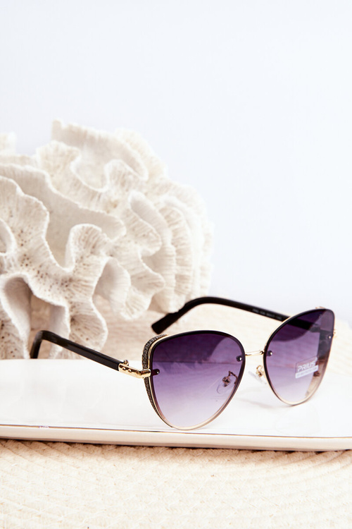 Okulary Przeciwsłoneczne Damskie Brokatowe Wstawki Czarno-Złote UV400