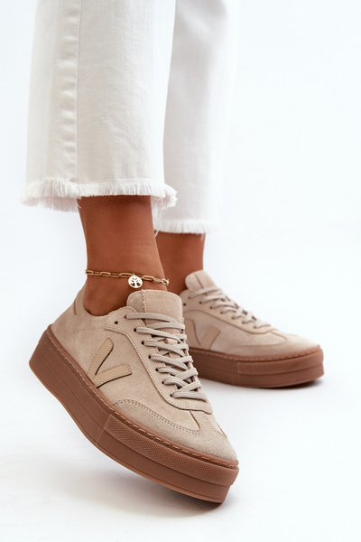 Sneakersy Na Platformie Zamszowe Beżowe Zazoo N1100S2