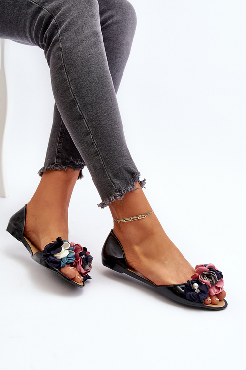 Women's Rubber Ballerina Flats with Flowers Black Junikla