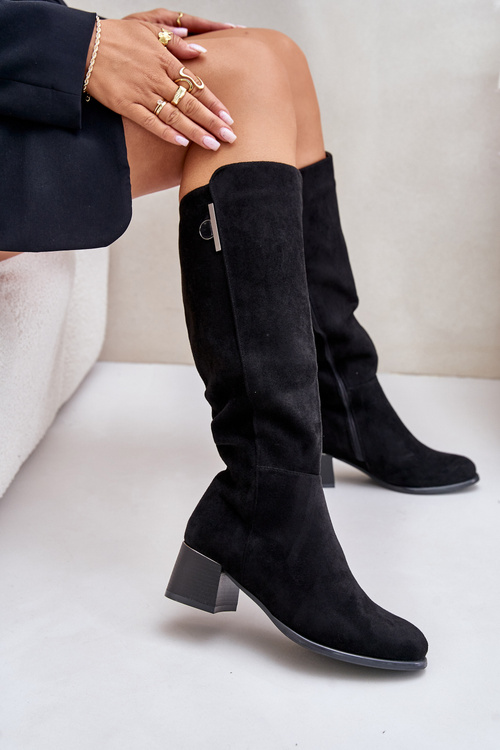 Knee High Heeled Boots Made of Eco Suede Black Izanae