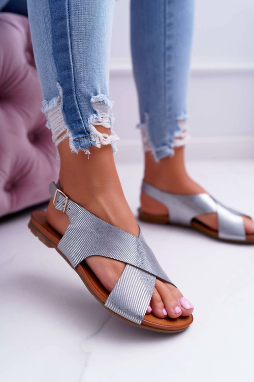 Laura Messi Silver 1960 Women's Flat Leather Sandals.