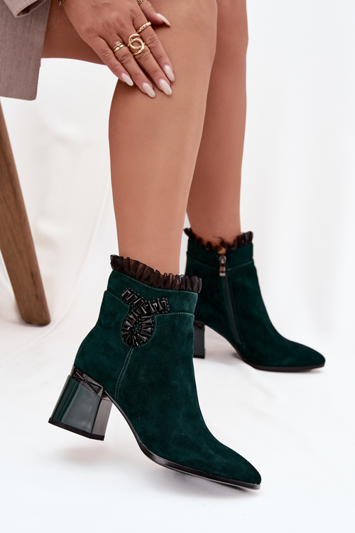Suede Leather Women's Ankle Boots On Heel With Decoration Lined D&A MR52-127 Bottle Green