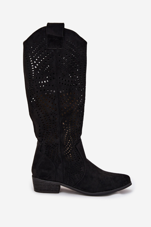 Openwork Women's Knee-High Block Heeled Boots Black Fioris
