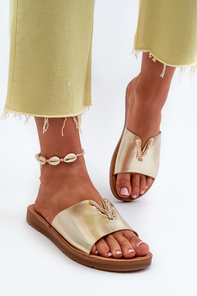 Women's Flat Sole Sandals with Eco Leather Decoration Gold Makia