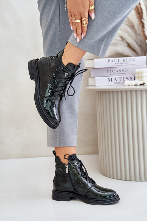 Botki Ocieplane Skóra Naturalna Lakierowane Na Zamek Ciemnozielone D&A LZ42-042