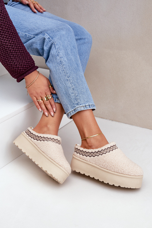Snow Boots Slippers On Platform With Sheepskin Light Beige Leaniella
