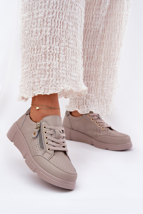 Sneakersy Buty Sportowe Damskie Na Platformie Skórzane Ciemnobeżowe Vinceza 88019