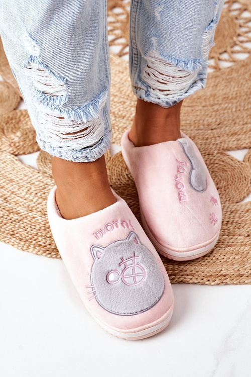 Velor Slippers With A Cat Pink-Grey Good Morning