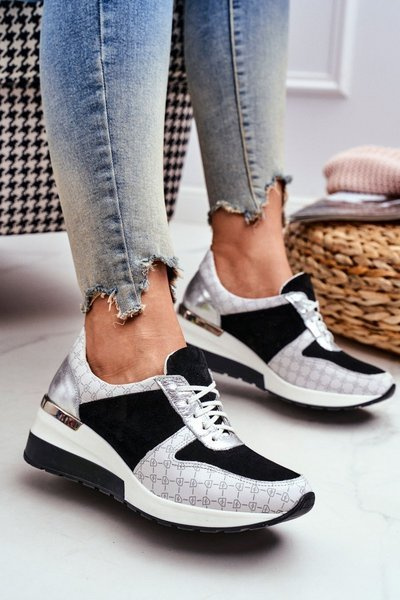Skórzane Sneakersy Na Koturnie Biało-Czarne Nicole 2468
