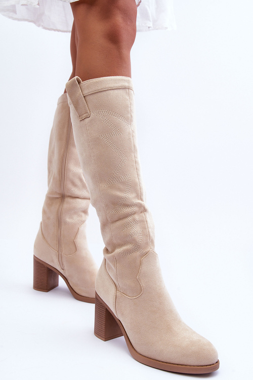 Women's Suede Boots on Heel Light Beige Khabira