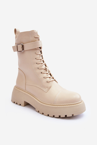 Leather Ankle Boots Brogues With Buckle Light Beige Samivlo