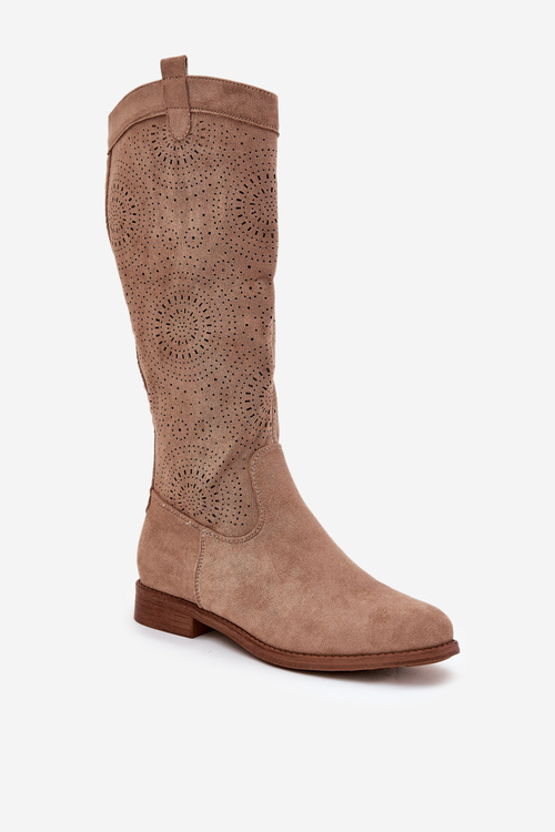 Boots With Perforated Shaft On Flat Heel S.Barski HY51-860 Beige