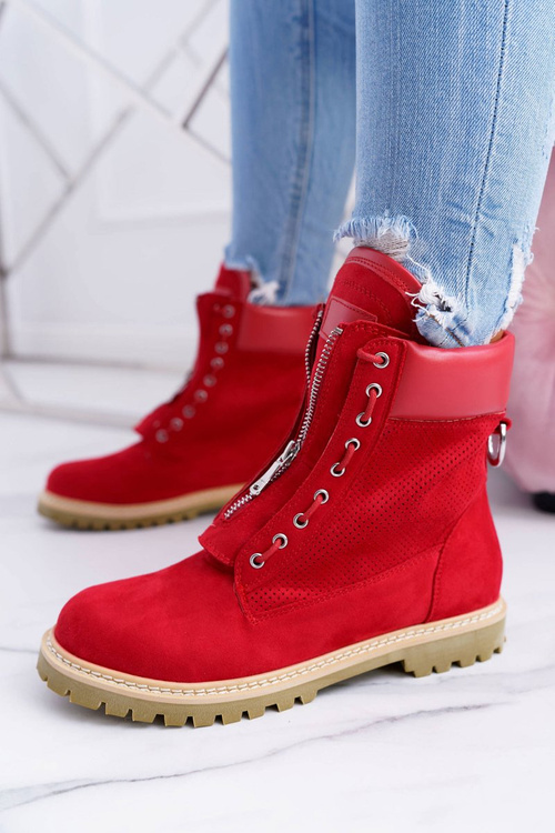 Lu Boo Women's Red Suede Timbers Trappers Zippers Nancy