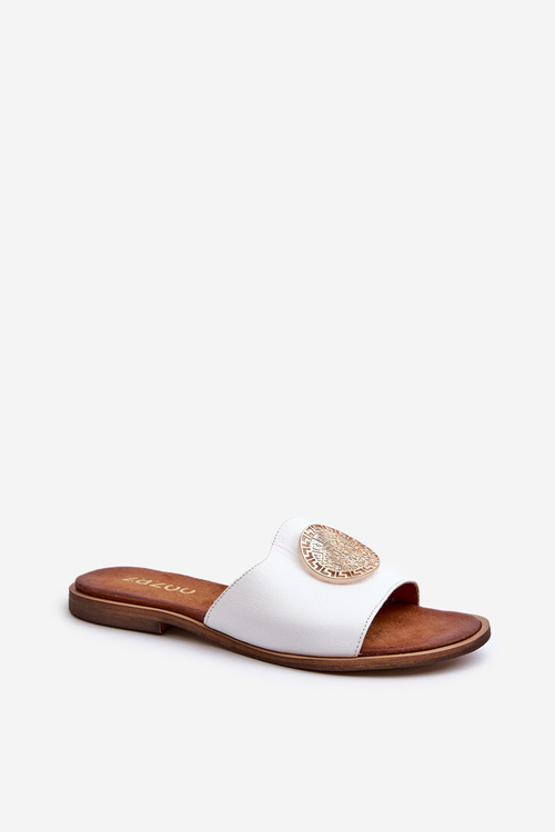Zazoo 2938 Leather Flat Heel Slippers With Ornament White