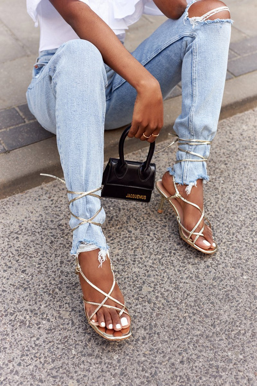 Lace-up High Heel Sandals With Square Toe Gold Runway