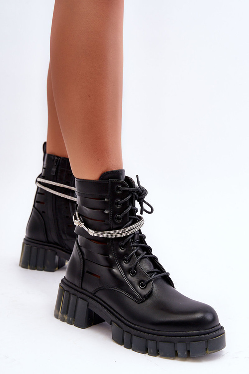 Fashionable Workers Boots With Chain Black Solesso