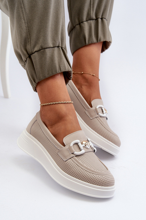 Mokasyny Na Platformie Damskie Skóra S.Barski LR720 Beżowe