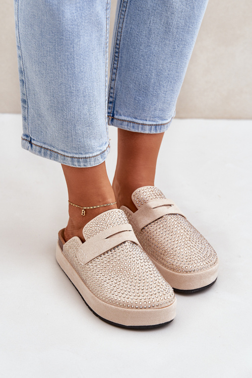 Damskie Klapki Na Platformie Ozdobione Cyrkoniami Beżowe Deorani