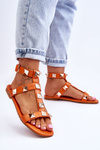 Women's Leather Sandals With Large Studs Orange Mishigan
