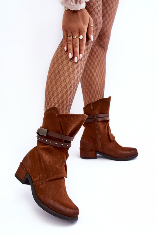 Women's Low Heel Boots With Straps Camel Thelereia