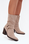 Ladies warm ankle boots on a heel with straps and a decorative detail beige Neria