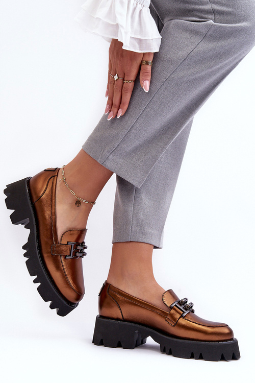 Women's Leather Loafers With Golden Ornament Lyndani