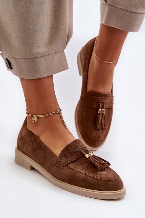 Mokasyny Zamszowe Damskie Płaski Obcas Zazoo 3420 Brązowe