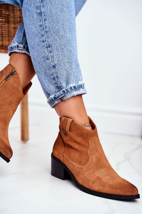 Botki Skórzane Obcas Słupek Big Star Camel GG274330