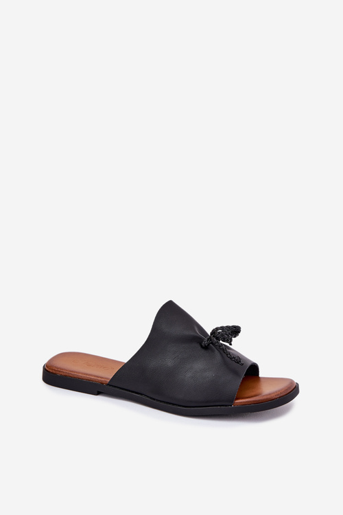 Damskie Klapki Eko Skórzane Płaskie Ozdobne Wiązanie Czarne Norela