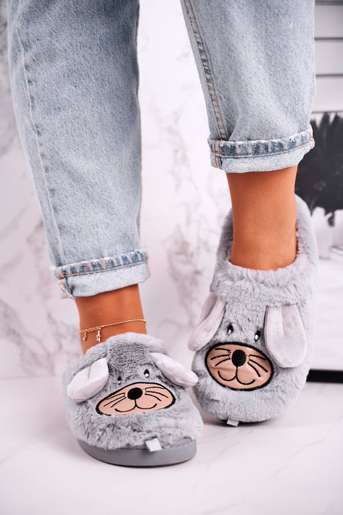 Women's Home Furry Mouse Slippers Grey Home Sweet Home