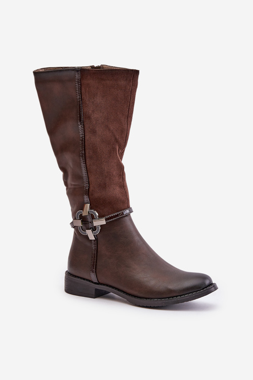 Insulated Boots On Flat Heel With Decorative Buckle Brown Leatharia