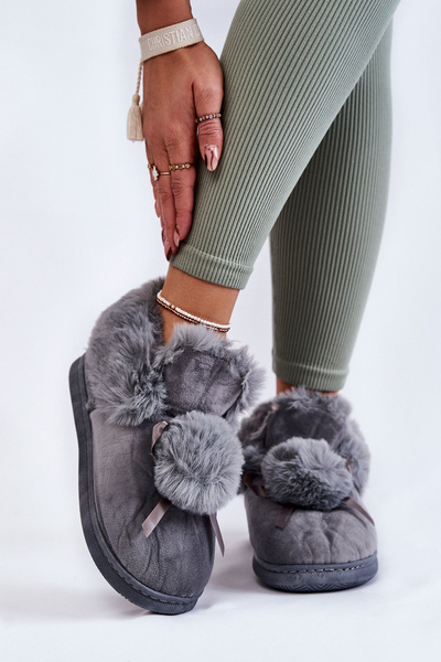 Women's Slip-on Fur Slippers With Pompom Grey Noemi